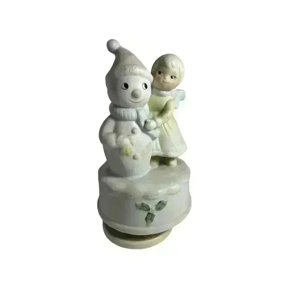 Musical Christmas Porcelain Bisque Girl with Snowman Figurine - Jingle Bells - Picture 3 of 10